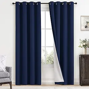 Yakamok Navy Blue 100% Blackout Curtains 96 Inches Long Thermal Insulated Window Curtain for Bedroom Living Room Darkening Set of 2 Panels Grommet Top Drapes with 2 Thick Layers 52x96 Inches Dark Blue