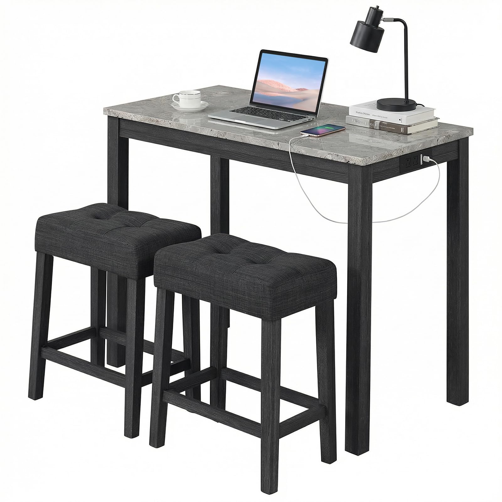 COSTWAY 3-Piece Bar Table Set with Charging Station, Modern Counter Height Breakfast Table w/Faux Marble Top & 2 Padded Stools, Wooden Console Table Set for Living Room, Kitchen, Dining Room (Gray)