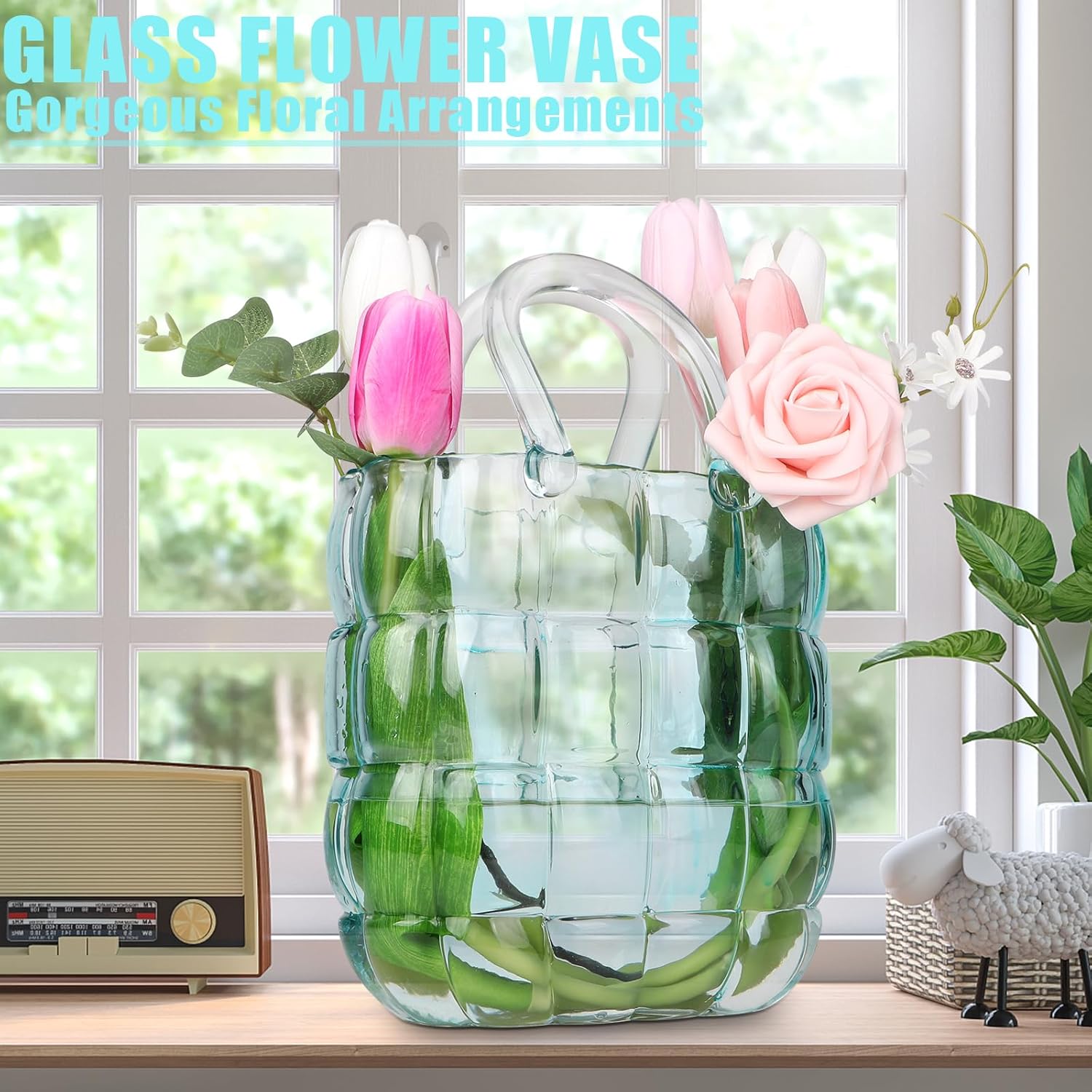 Unique Purse Vase for Flowers,11'' Handmade Thicken Bubbled Glass Bag Vases with Gradient Color for Home Decors .Great Clear Purse Flower Vase for Centerpiece,Floral Arrangement,Wedding Decors.