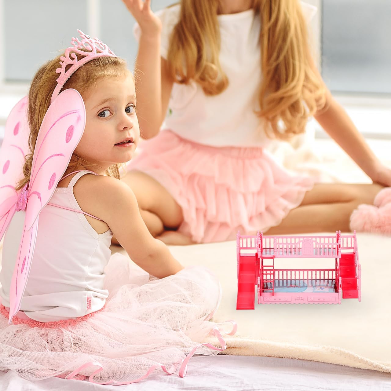 TOYANDONA Doll Bunk Bed - Pink Dollhouse Bed with Ladder Stair and Slide for Baby Doll Miniature Dollhouse Furniture Accessories