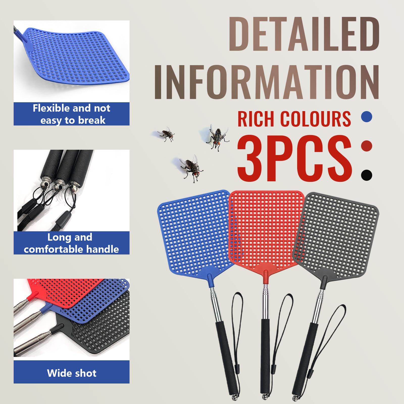 3 Pezzi paletta mosche,Scacciamosche Estensibile, Colorato Manuale paletta per mosche,Portatile Scacciamosche Plastica per Mosche,Zanzare e Insetti (Negro, Rosso, Blu)