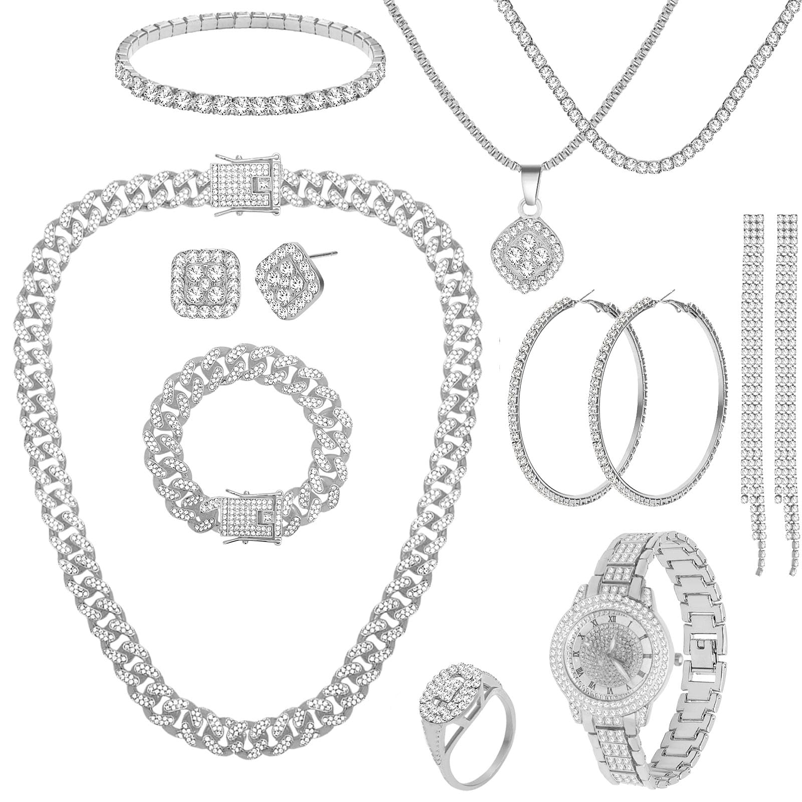 NEWITIN 13 Pieces Silver Jewelry Set for Women Stainless Steel Cuban Link Necklaces Bracelets Earrings Watch Ring Bling Cubic Zirconia Cuban Jewelry Set for Women Men