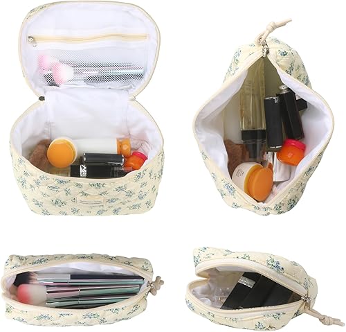 Miniatura 2 de VIWIME Bolsa de cosméticos de maquillaje, grande, de algodón, acolchada, de viaje, estética, linda, floral, bolsa de maquillaje para mujer,