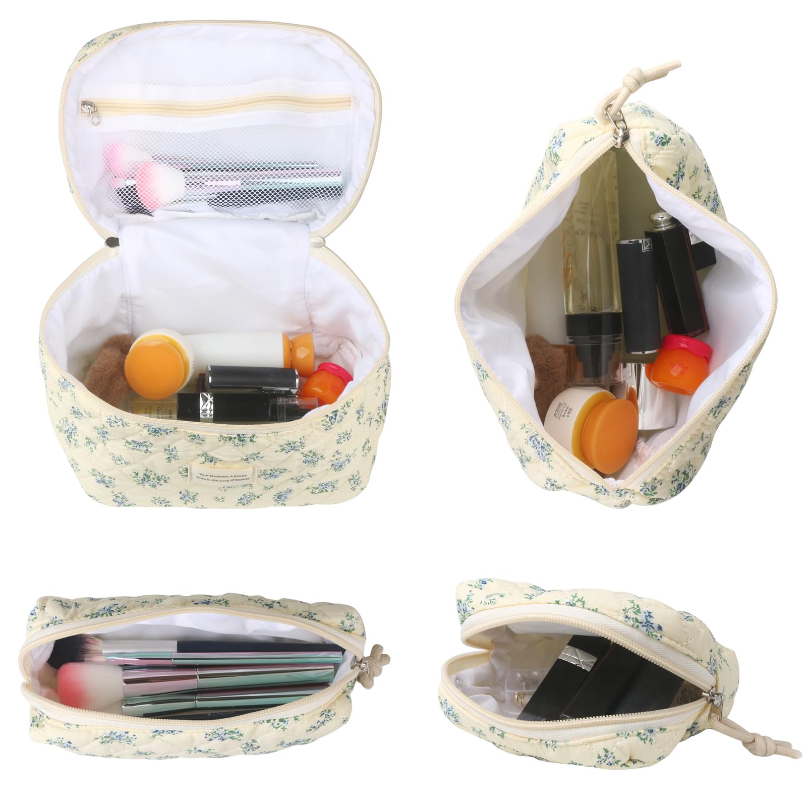 VIWIME Make-up-Kosmetiktasche, groß, Baumwolle, gesteppt, Reise-Kokette, ästhetisch, niedliches Blumenmuster, Make-up-Tasche für Damen, Kulturbeutel, 203 - Blaue Rose, 4 Stück, 10.1x5.8x5.4 inches