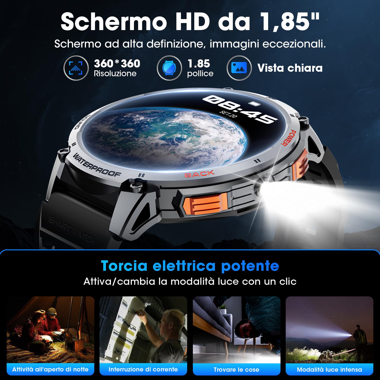Smartwatch Uomo 1.85" HD 730mAh Orologio Smartwatch con Torcia LED Militare Smartwatch Compatibile iOS Android (Risposta alle Chiamate Bluetooth) Smart Watch con Sonno/Cardiofrequenzimetro