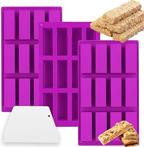 Paquete de 3 moldes de barra de granola de silicona de 12 cavidades, molde rectangular de barra de proteínas de silicona para hornear barra de