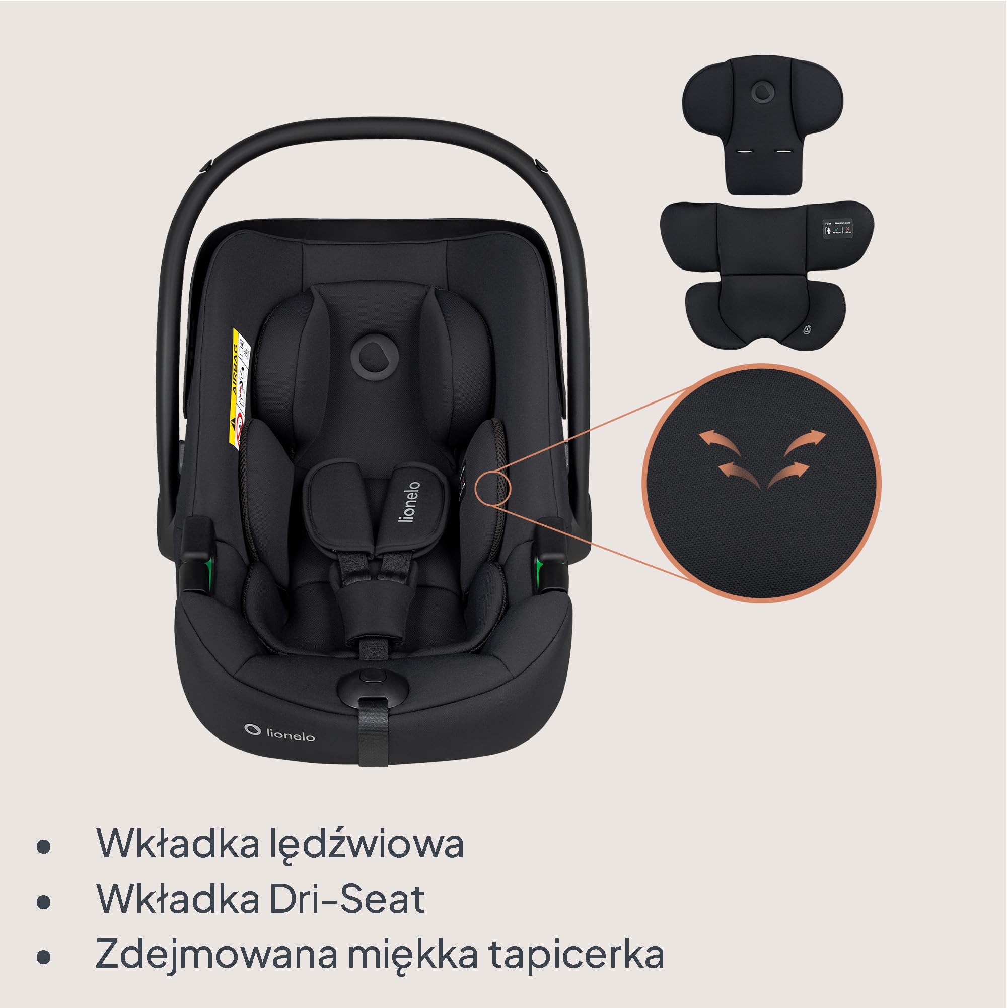 Lionelo Astrid i-Size zestaw fotelika samochodowego 40-87 cm z podstawą ISOFIX i podpórką, R129 i-Size nosidełko dla niemowląt 0+, ADAC 5 Safety, skierowany tyłem do kierunku jazdy, kompatybilny z