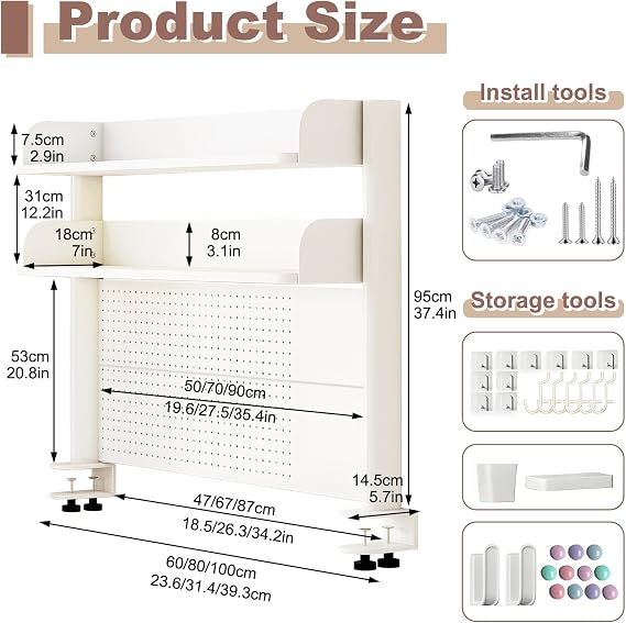 Clamp On Desk Organizer Shelf,Desk Extender Pegboard,White,39.4in