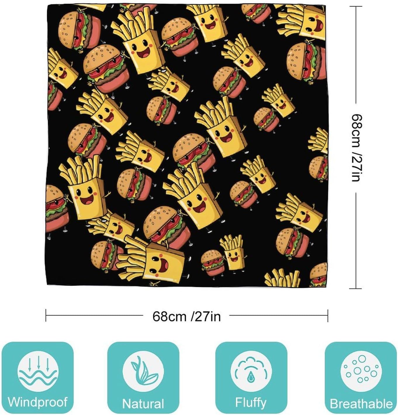 Cute Hamburger French Fries Bandana Fashion Head Scarf Square Silk Scarf Print Neck Hair Scarfs for Women Men Gifts