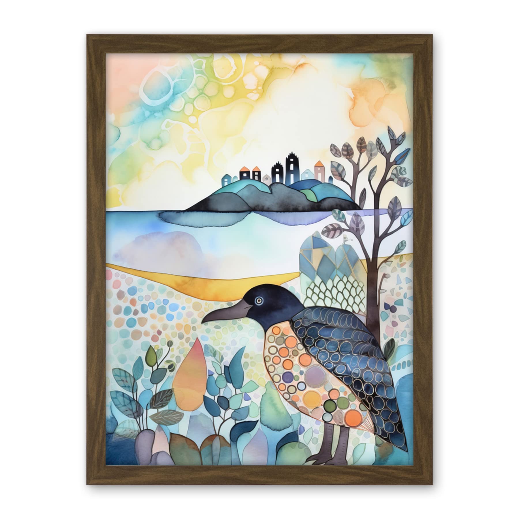 Artery8 Coastal Island Wildlife Folk Art Watercolour Painting Artwork Framed Wall Art Print 18X24 Inch
