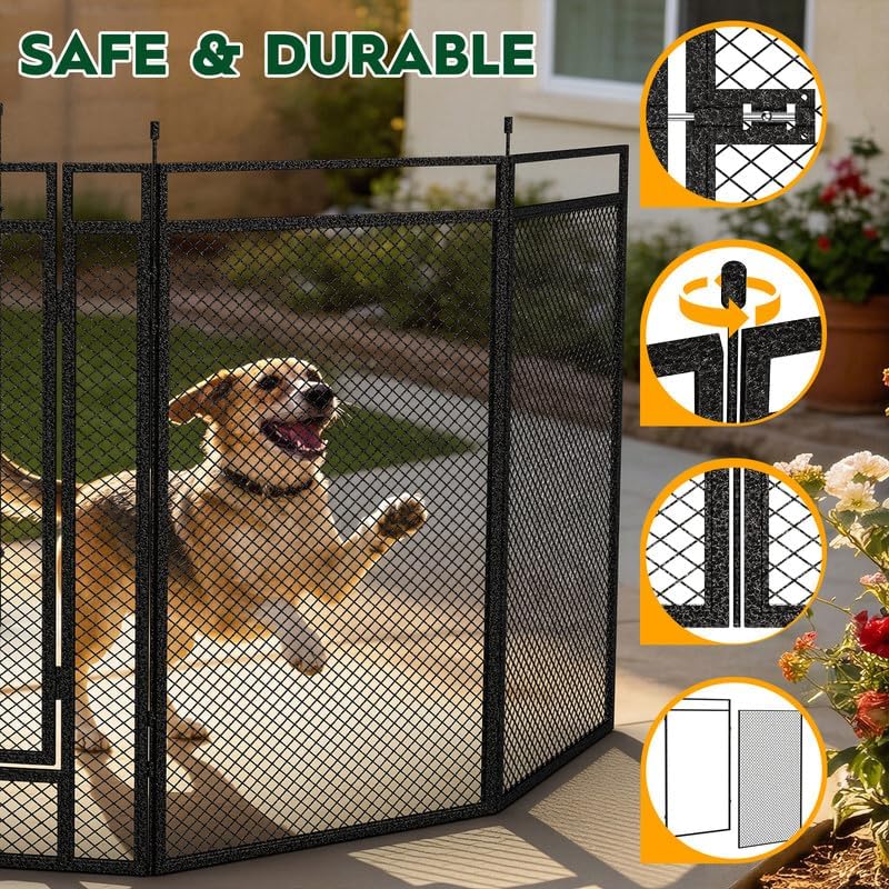 Dog Playpen with Safety Mesh, 32.11" Height 8 Panels Metal Dog Fence Indoor Outdoor, Portable Dog Kennel for Camping, Yard & RV | Black-Silver