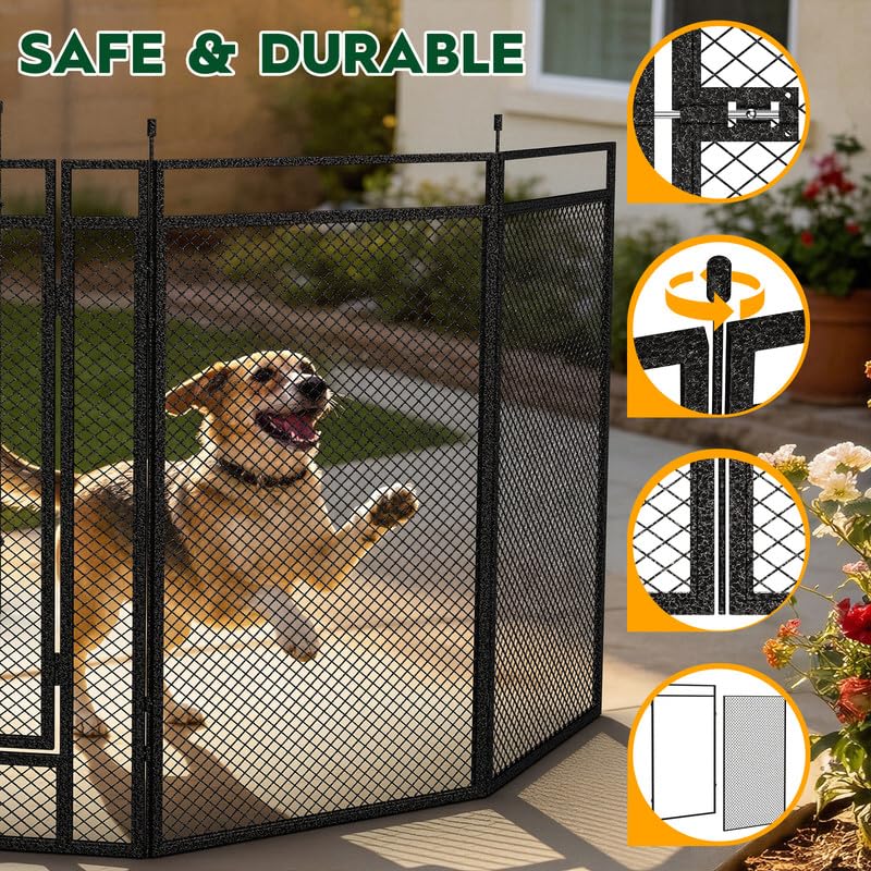 Image of Dog Playpen with Safety Mesh, 32 inch Height 24 Panels Metal Dog Fence Indoor Outdoor, Portable Dog Kennel for Camping, Yard & RV | Black-Silver