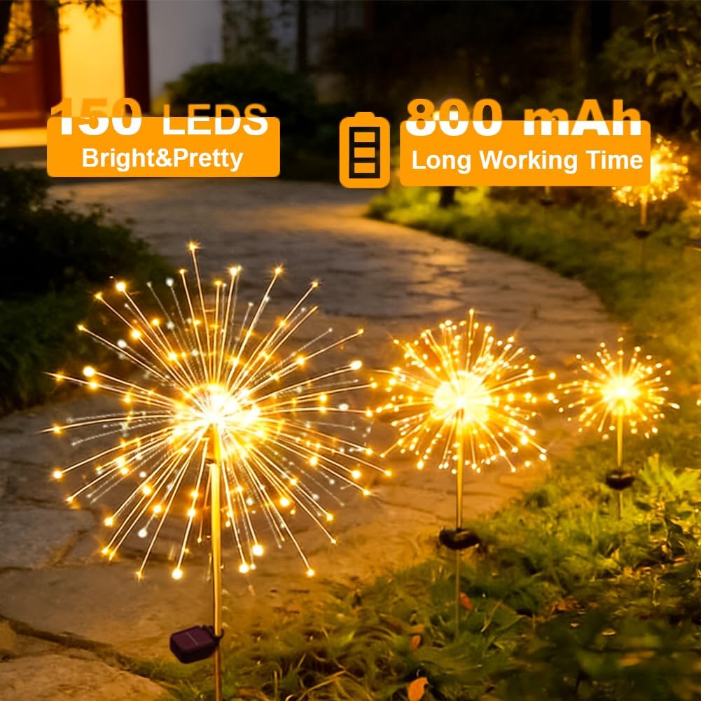 Solar Fireworks Lights for Outside, 150LED 8 Modes Fireworks Solar Lights Outdoor, Fairy Garden Flowers for Yard Pathway Wedding Party Christmas Diwali Garden Decor 6Pack (Warm White)