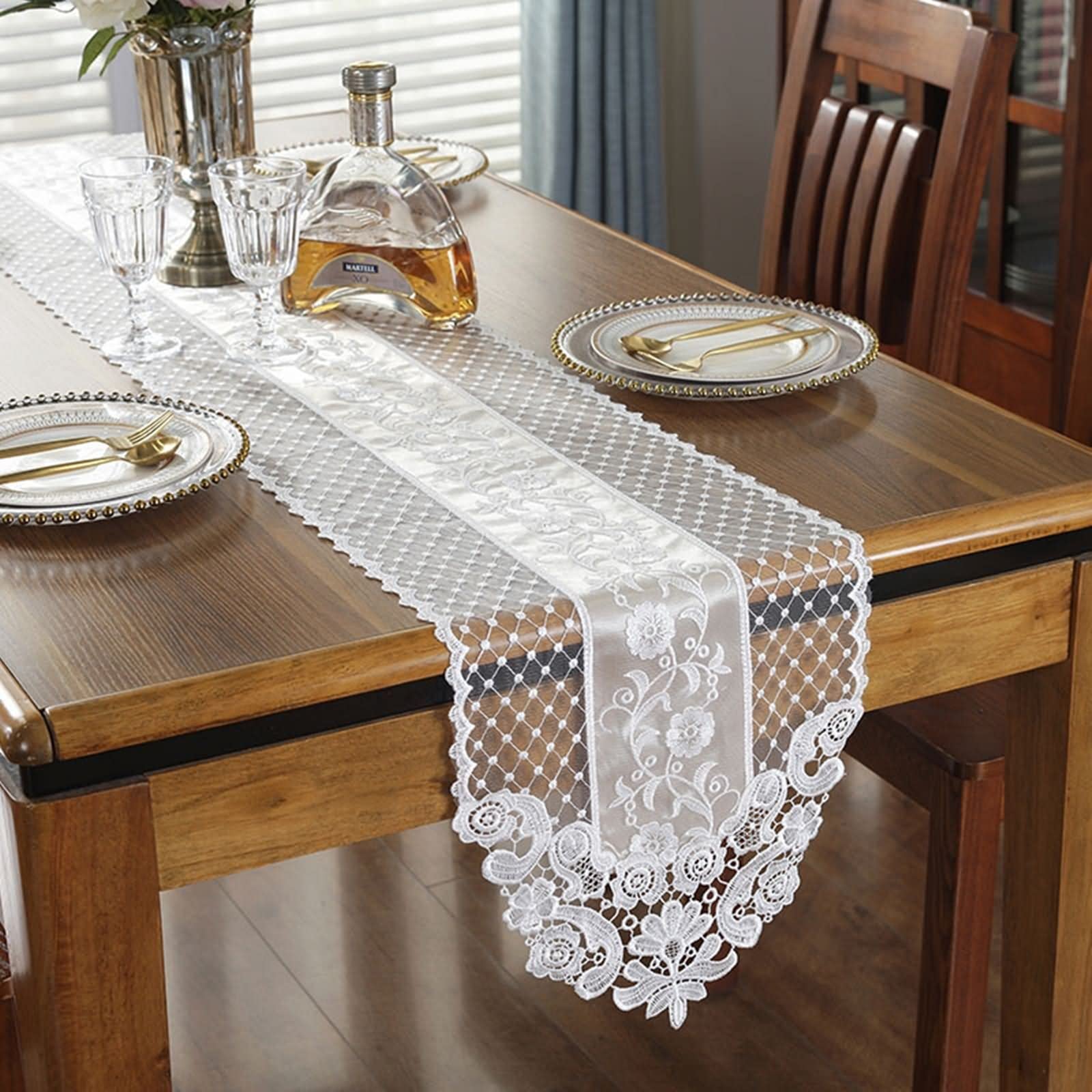 Tischläufer Klein, Tischtuch Halloween aus Polyester Dreieckiges Spitzen Mesh Stickmuster Hell Beige 30x250CM für Abendessen Bauernhaus Dekor