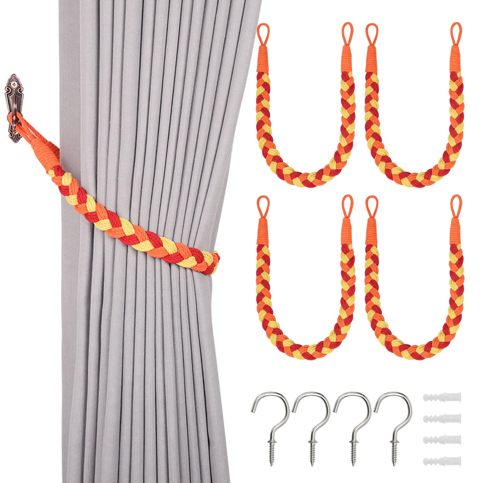 Pretty Jolly 4 Pack Natural Cotton Rope Curtain Tiebacks Elegant Boho Style Decorative Drape Tie Backs Soft Hand-Woven Rope Curtain Holdbacks with Metal Hook for Home & Office Drapery (Sunfire)