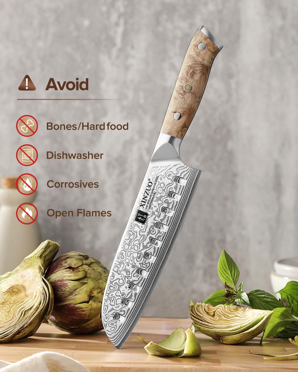 XINZUO 18cm Acero de Damasco Cuchillo Santoku -Profesional Afilado Cuchillo de Cocinero de Cocina 67 Capas de Acero de Damasco -Mango Ergonómico de Figured Sycamore Wood -con Caja de Regalo