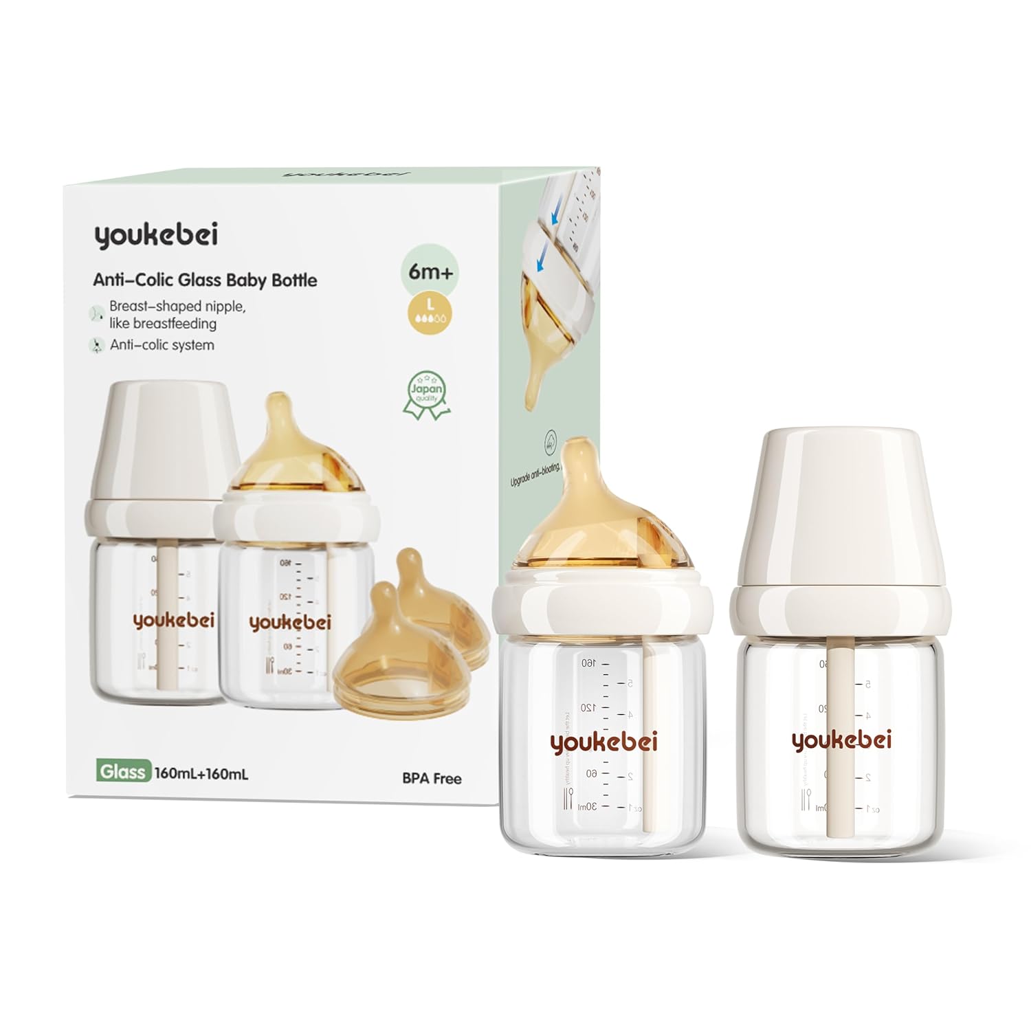 Natural Glass Baby Bottle for Breastfeeding Babies, Newborn Anti-Colic Bottle Set with Large Flow Nipple(L), 0-3 Months, 5 oz, 2 Pack