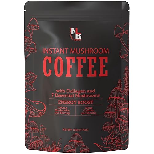 Energy Boost - Café instantáneo de hongos  4.76 oz, bolsa de 15 porciones  Alternativa de café saludable y sustituto  con dinamina, colágeno, melena