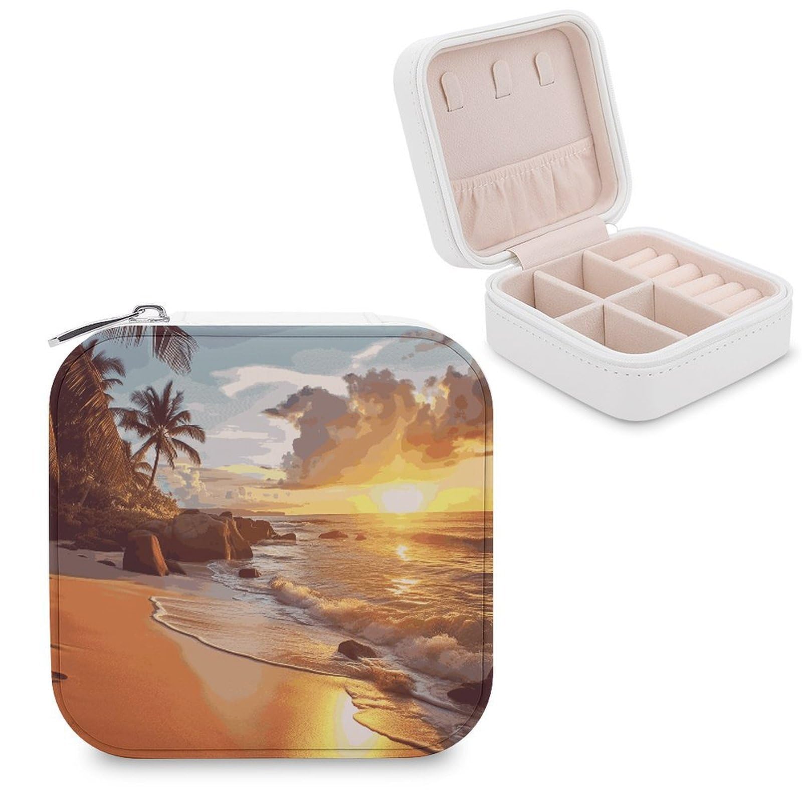MUSM Tropical Beach at Sunset Travel Jewelry Case Personalized PU Leather Jewelry Boxes for Women Small Portable Jewelry Organizer Box Cute Trinket Box for Necklaces Rings Earrings & Gifts