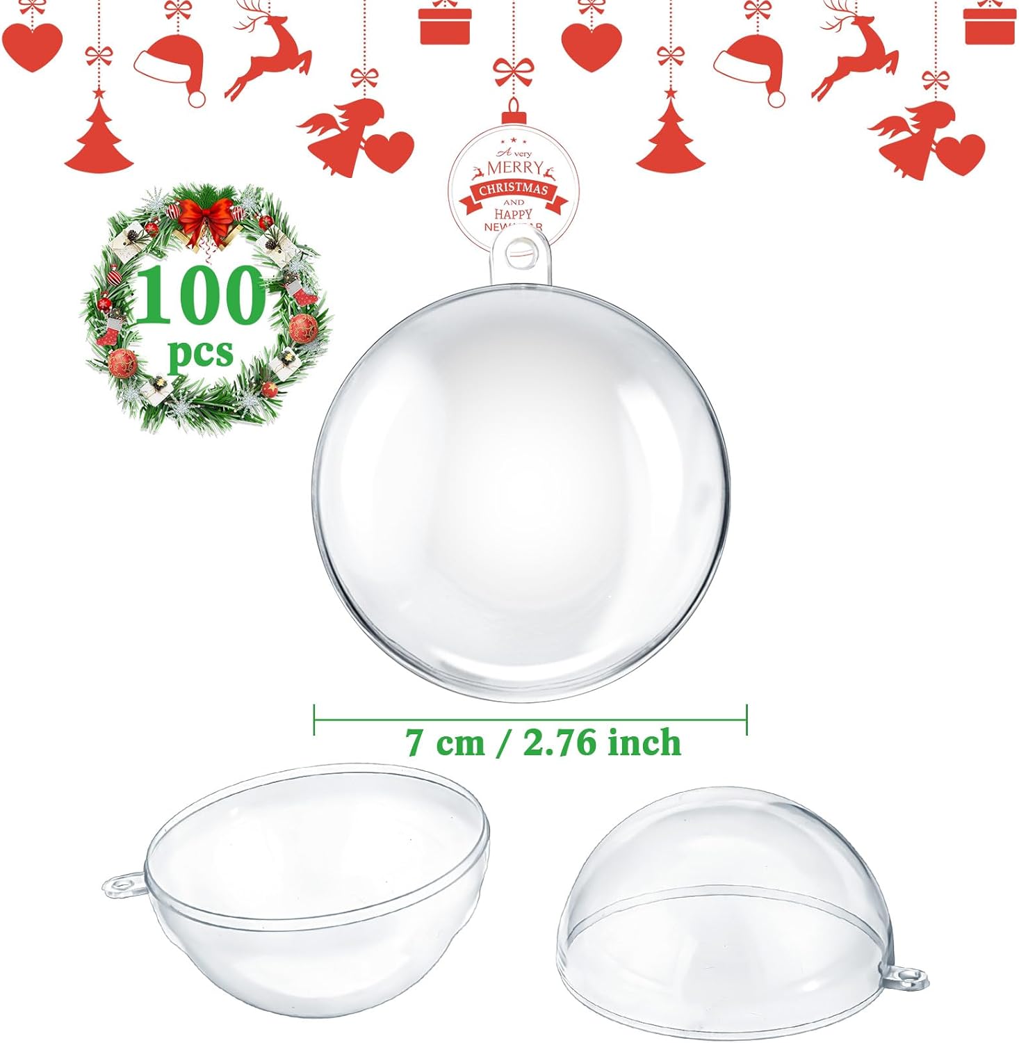 Liliful 100 Pcs Clear Christmas Plastic Ornament Ball 2.76 Inch/ 70 mm Fillable Ball Ornaments Hanging Christmas Spheres with 100 Bows 2 Red and Green Ribbons for DIY Craft Xmas Tree Decorations