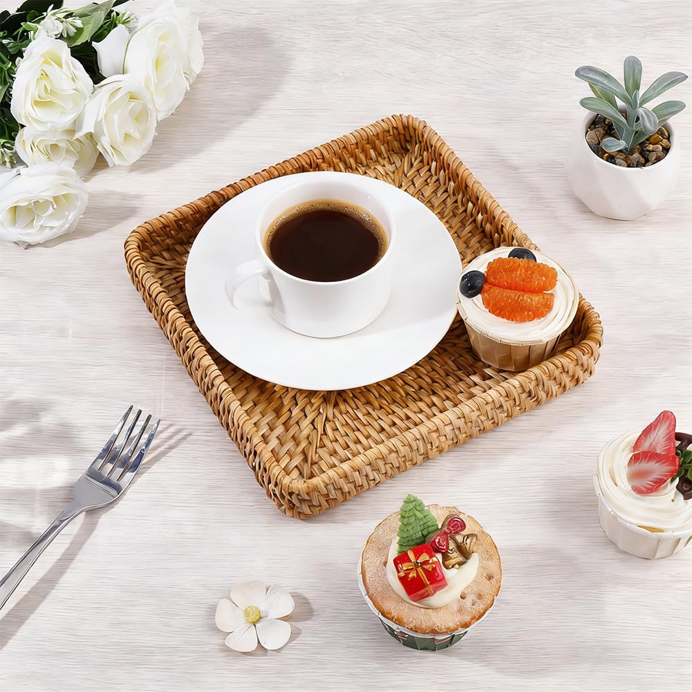 CRASPIRE Vassoio da Portata Quadrato in Rattan Vassoio in Vimini Intrecciato Marrone Stile Boho da Tavolo Scrivania Organizer Decorativo per Cassetti per Chiavi Frutta Cibo Casa Cucina Ristorante
