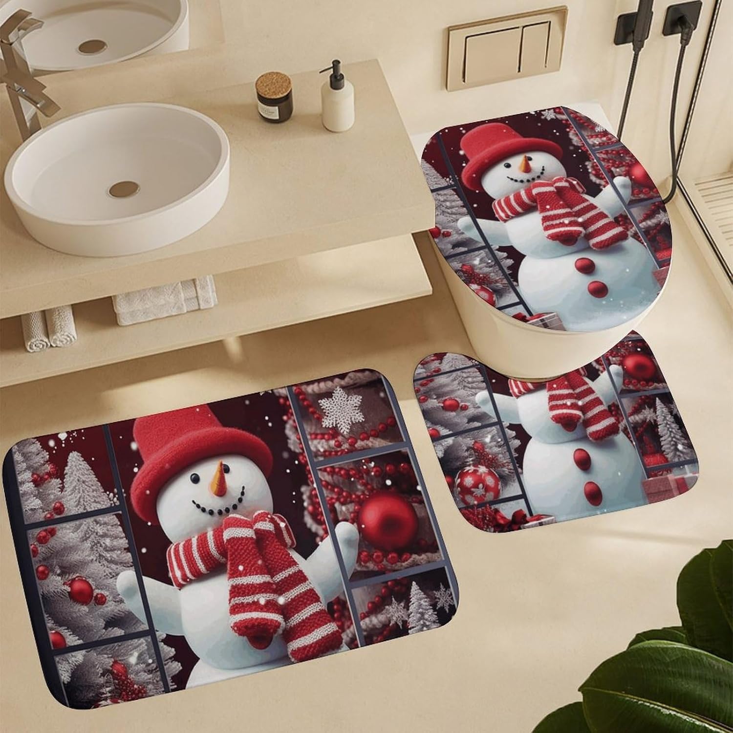 Snowman Outside The Window Shower Curtain Set 4 Piece, Non-Slip Bath Mat with Toilet Lid Cover and Waterproof Shower Curtain with 12 Hooks, Complete Bathroom Set for Home Decor