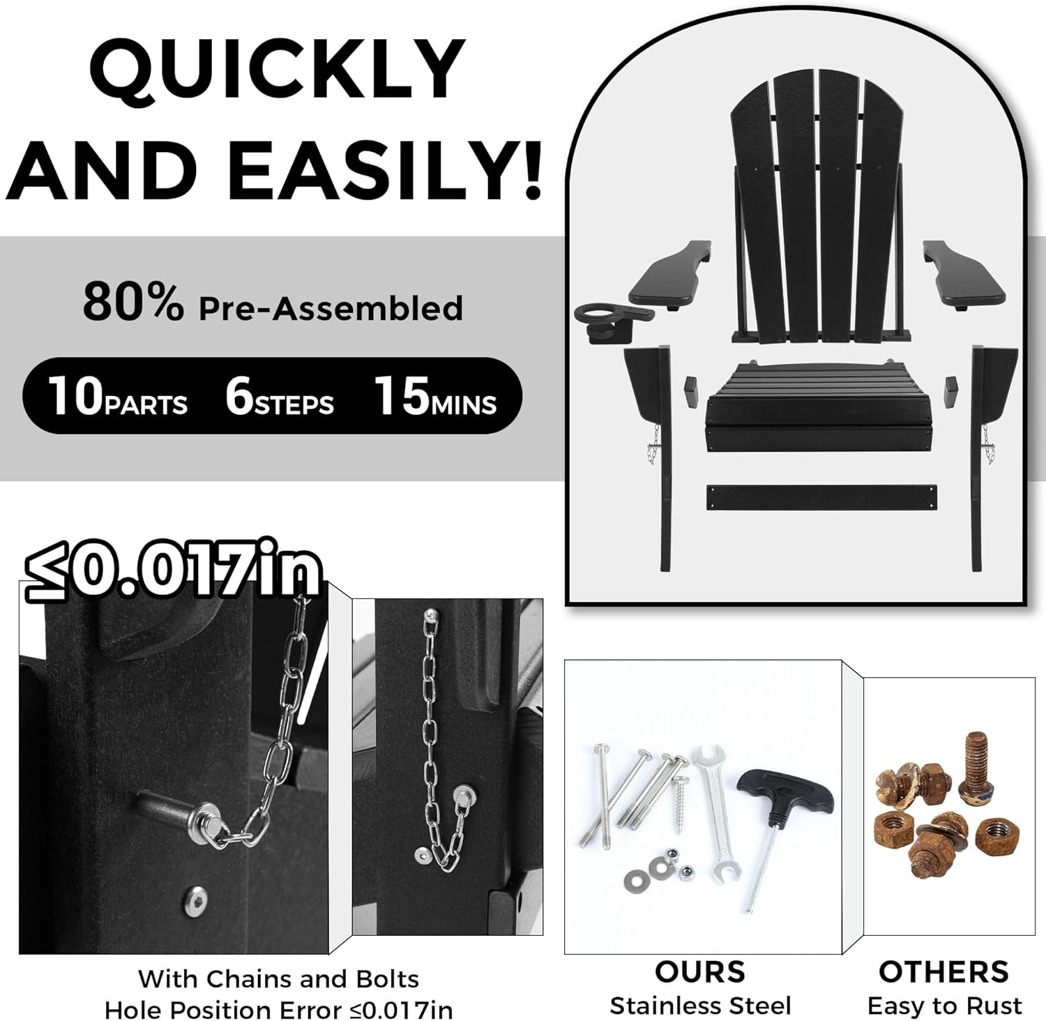 Magpie Fabrics Foldable Adirondack Chair with Cup Holder, HDPE Weather Resistant Oversize Outdoor Chair, Widely Used in Patio, Fire Pit, Deck, Porch, Garden, Campfire (Black)