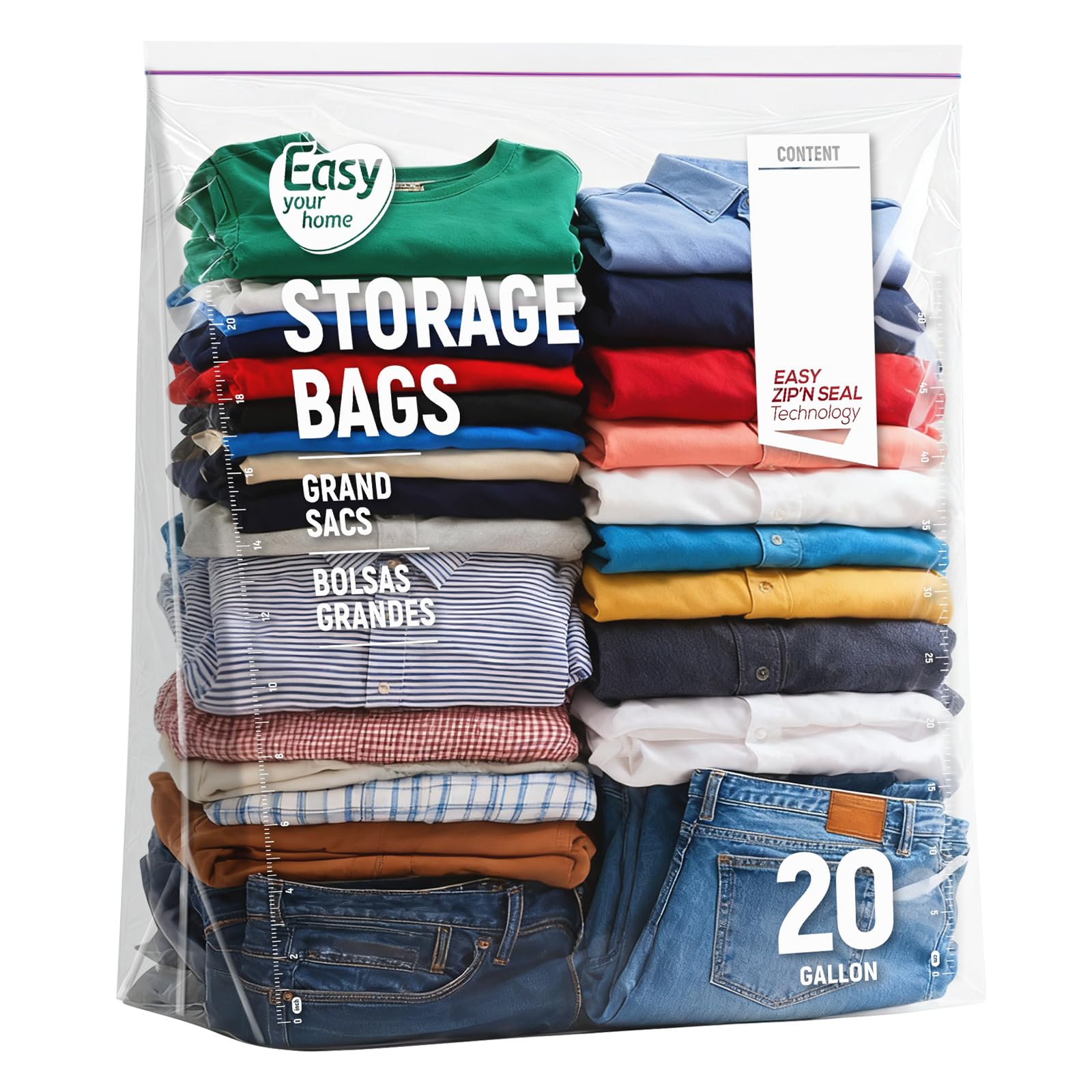 20 Gallon Jumbo Zipper Lock Storage Bags With Zip Top,24" x 28.5"+7",Reusable XXL Size Plastic Bag with Bottom for Food,Clothing,Travel,Moving,BPA-Free,3-Mil Thick
