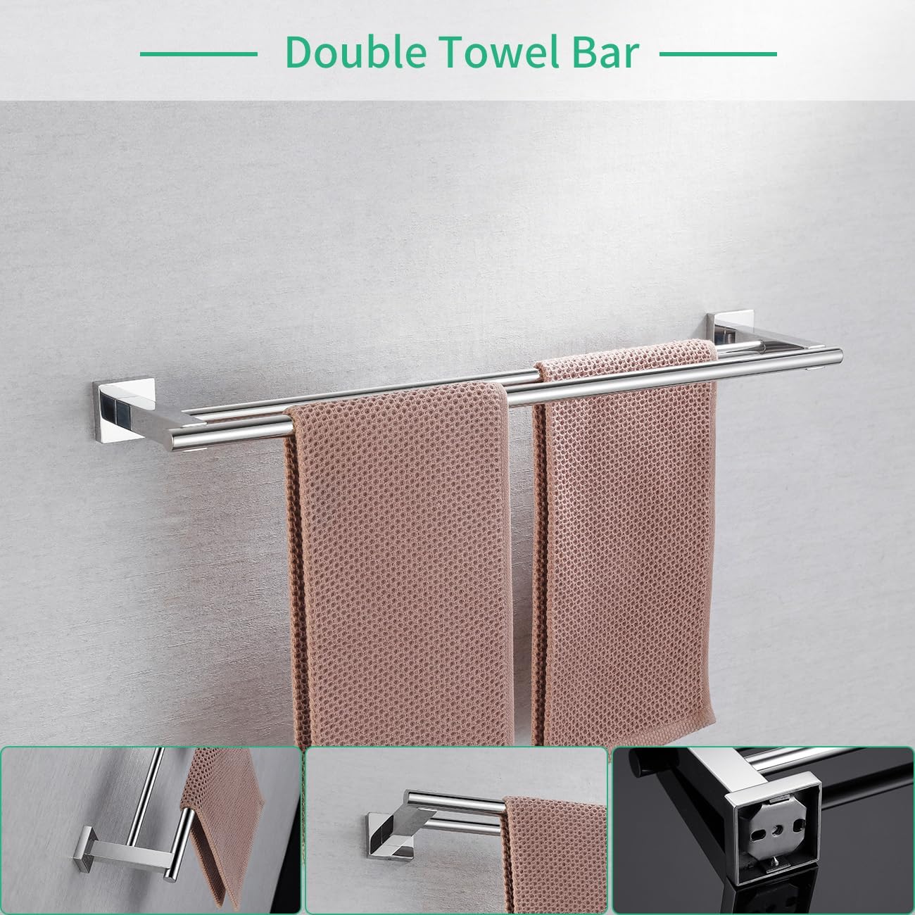 Miyili 4-Pieces Polished Stainless Steel Bathroom Hardware Set Wall Mounted - Includes Double Towel Bar, Hand Towel Rack, Toilet Paper Holder, Robe Hook, BS02C4