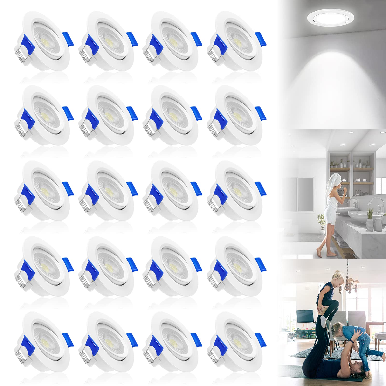 UISEBRT Lot de 20 Spot LED Encastrable Extra Plat 5W, Spot LED Lampe Plafonnier avec profondeur d'installation de 30 mm, Spot Encastré pour Salle de Bain, pour plafond, Blanc froid