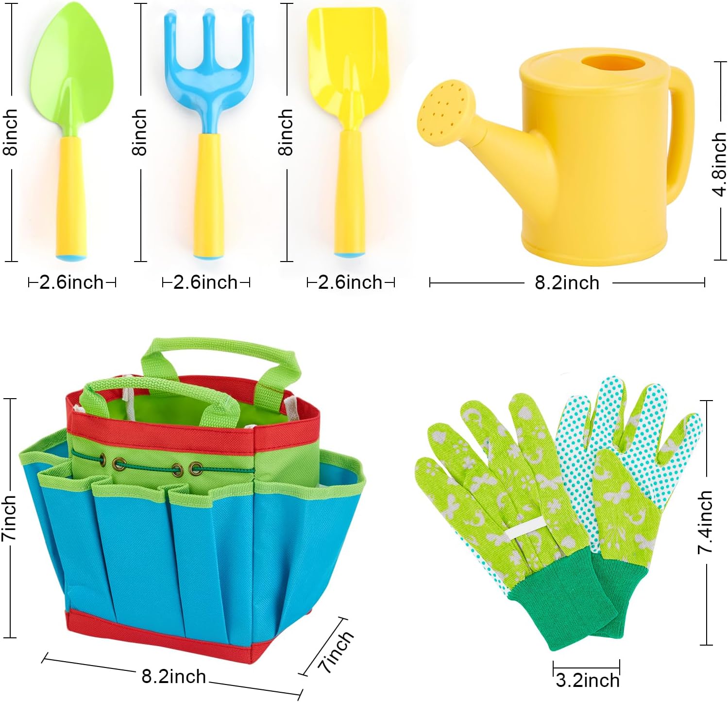 FITNATE Green Kids Garden Tools Set,6 PCS Garden Tools Including Watering Can, Shovel, Rake, Fork, Children Gardening Gloves and Garden Tote Bag, All in One Set