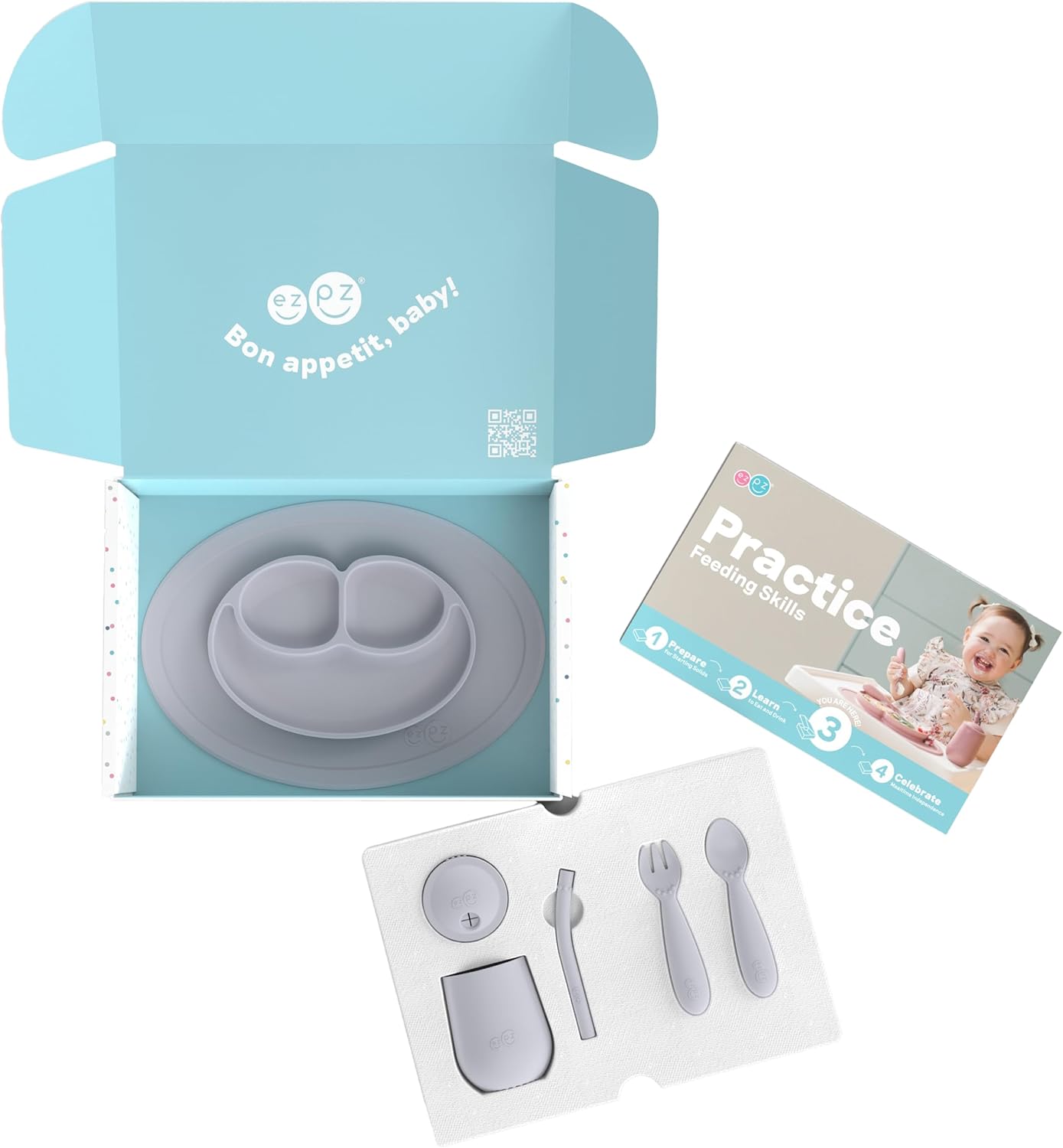 ezpz Kit 3: Practice Feeding Skills (Blush) - Tools to Help Your Toddler Practice Scooping, Piercing, Straw Drinking, and Self-Feeding - Toddler Essentials & Gifts