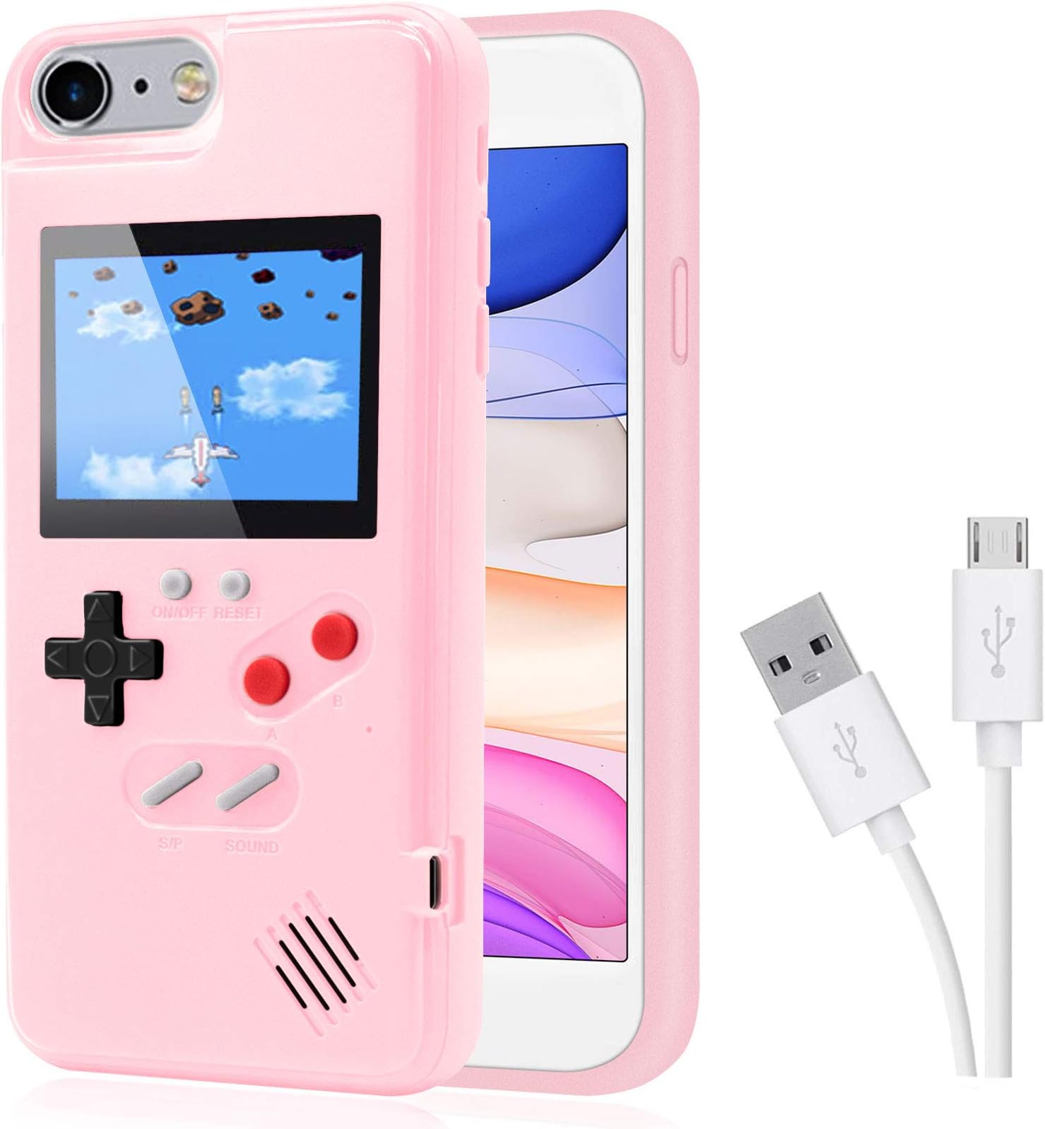 Game Case for iPhone, Retro Protective Case with Own Power Supply, 36 Small Games, Colour Display, Video Game Case for iPhone 6Plus/6sPlus/7Plus/8Plus (Pink)