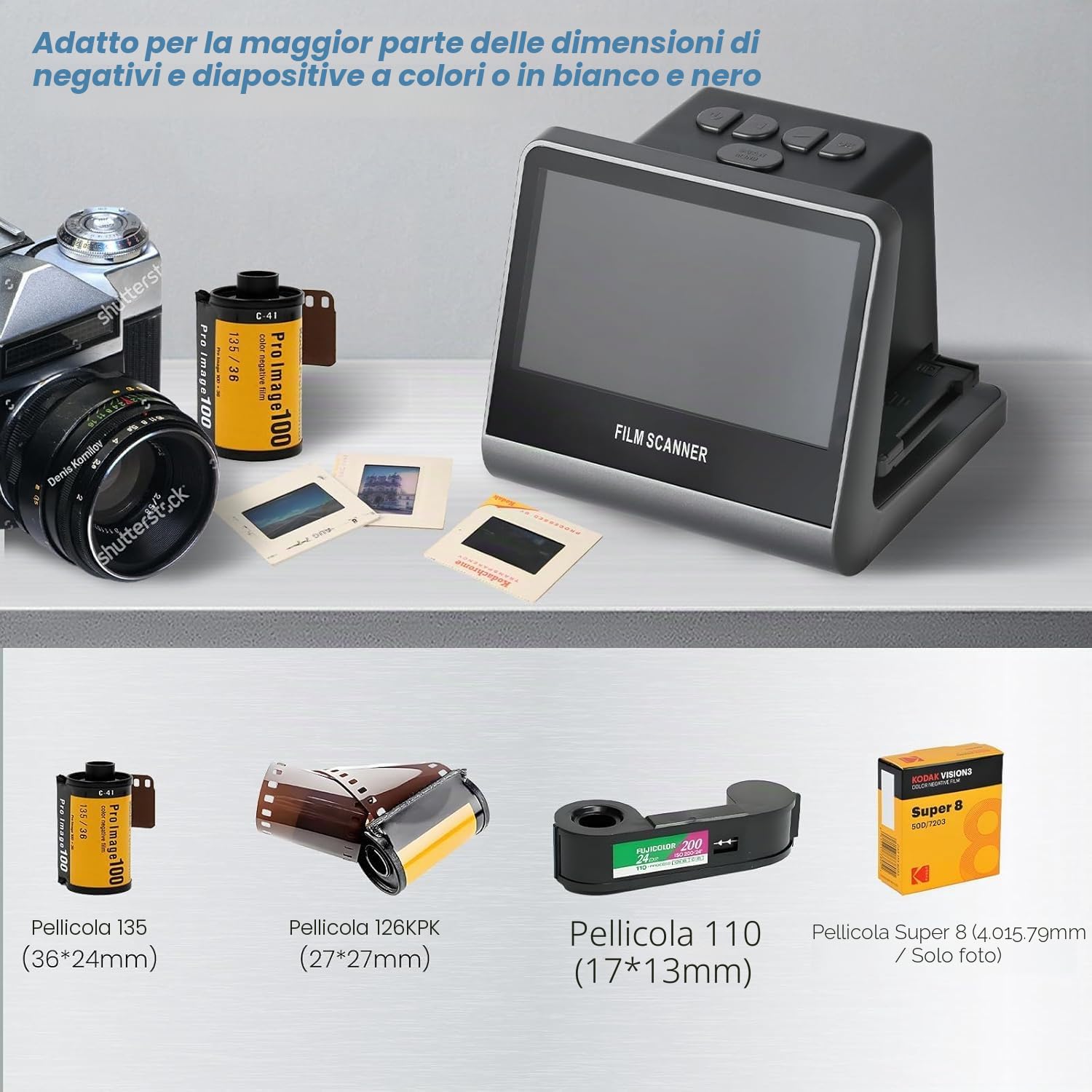 Scanner Diapositive 5" LCD Converti Negativi e Diapositive Colori e Bianco e Nero 35 mm 126 110 JPEG