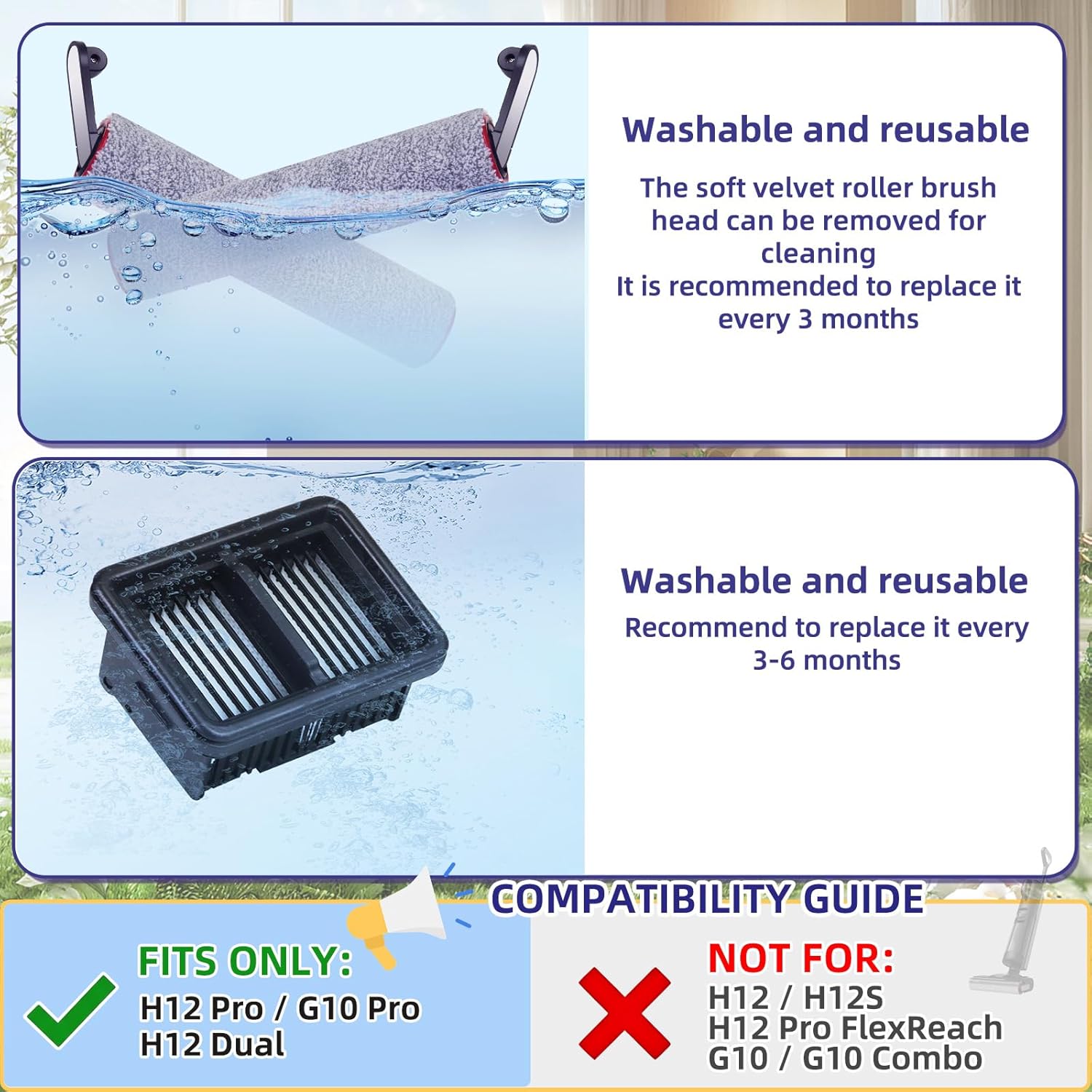 Replacement Brush Roller and Filter for Dreame H12 Pro, H12 Dual, G10 Pro Cordless Wet Dry Vacuum Cleaner, Replacement Parts Kit Include 3 Filters Replacement, 3 Brush Rollers(Not H12 & G10)