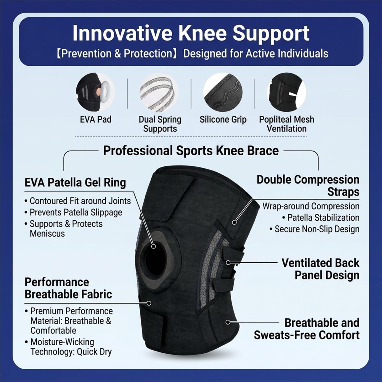 Kniebandage mit Seitenstabilisatoren und Gelpolstern für die Kniescheibe bei Meniskusriss, Knieunterstützung zur Linderung von Gelenkschmerzen, Unterstützung der Regeneration nach Kreuzbandriss,