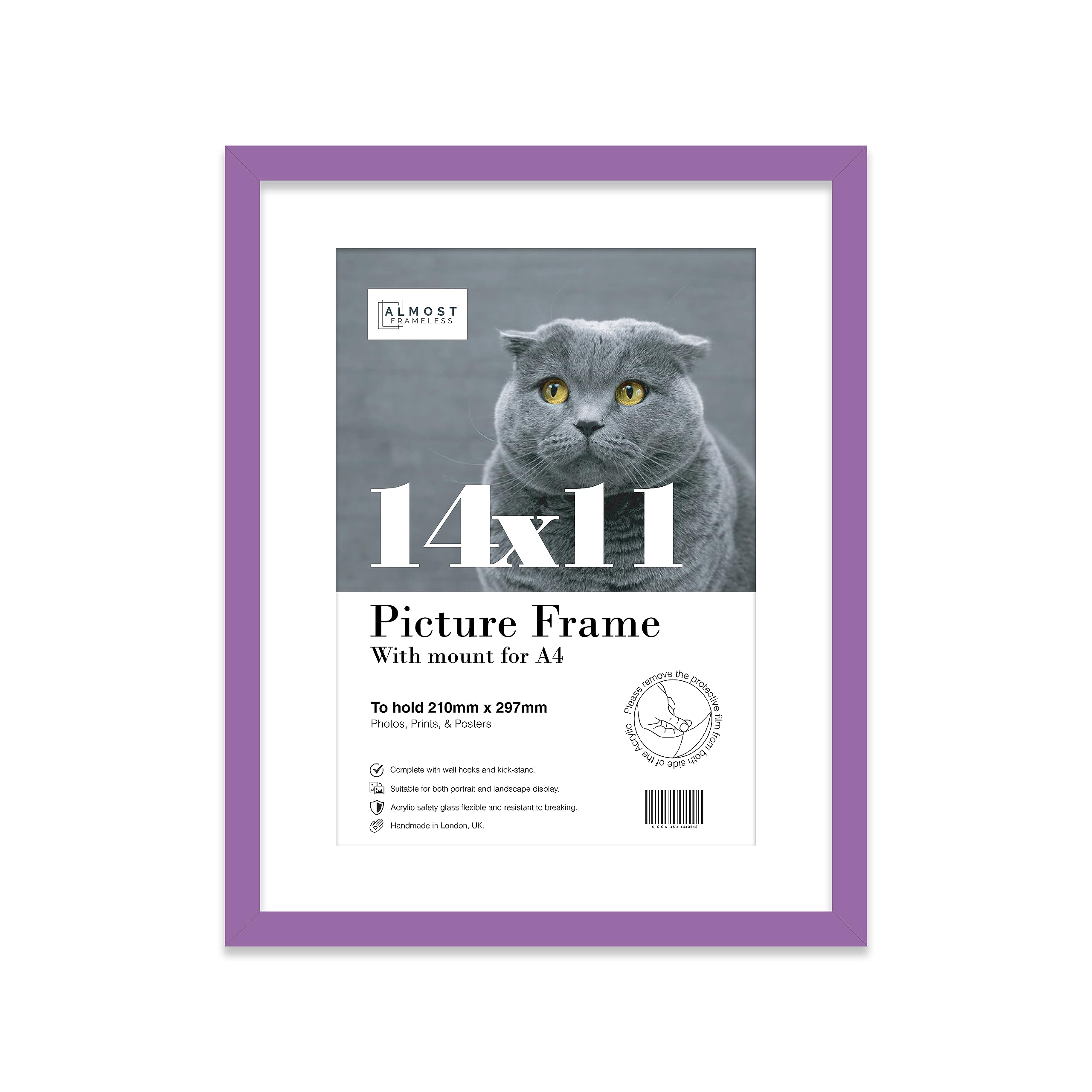 Almost Frameless 14x11 Purple Picture Frame With Mount for A4 Print, Poster or Photo Poster, Photo, Artwork, or Print. Thin Edge Slim Frame Portrait and Landscape Display with Wall Hooks
