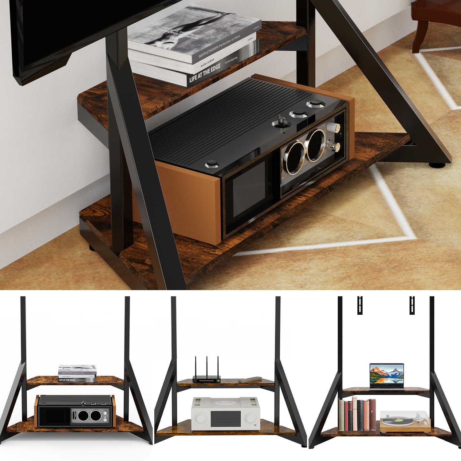 UNHO Supporto TV da Terra: Mobile Supporto TV da Pavimento Ripiani Legno Bello Design Porta TV da Terra per 40-75 Pollici Regolabile in Altezza Max VESA 600x400mm Portata 80kg