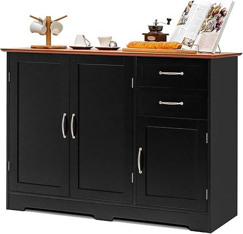 Giantex Credenza - Organizador de muebles de cocina comedor armario de entrada con armario de 2 puertas y 2 cajones negro y natural