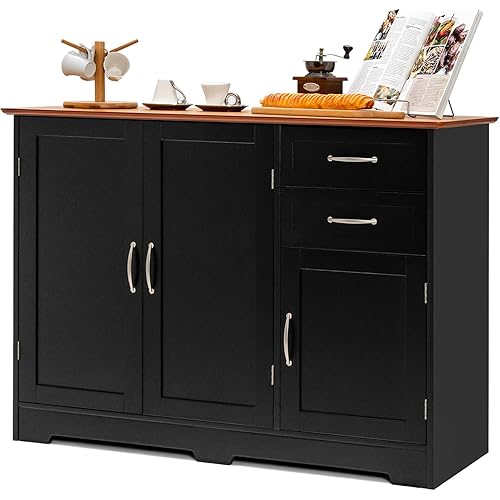 Giantex Buffet Sideboard Storage Credenza Cabinet Console Table Kitchen Dining Room Furniture Organizer, Entryway Cupboard with 2-Door Cabinet and 2 Drawers (Black & Vermilion)
