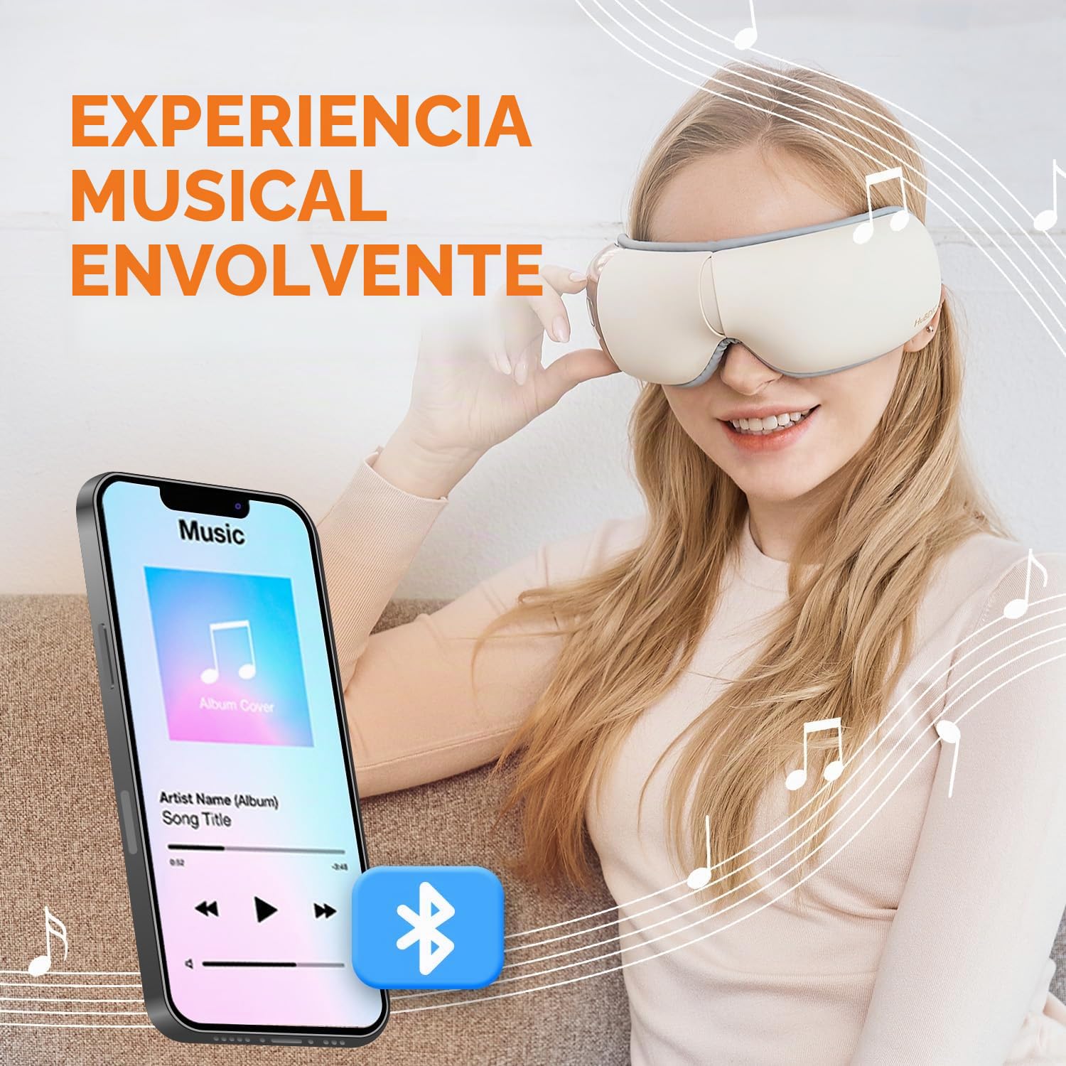 HubiCare Masajeador de ojos con calor, masajeador de vibración con música para migrañas, relaja y reduce la tensión ocular, círculos oscuros, bolsas de ojos, ojos secos, mejora el sueño (Marfil)