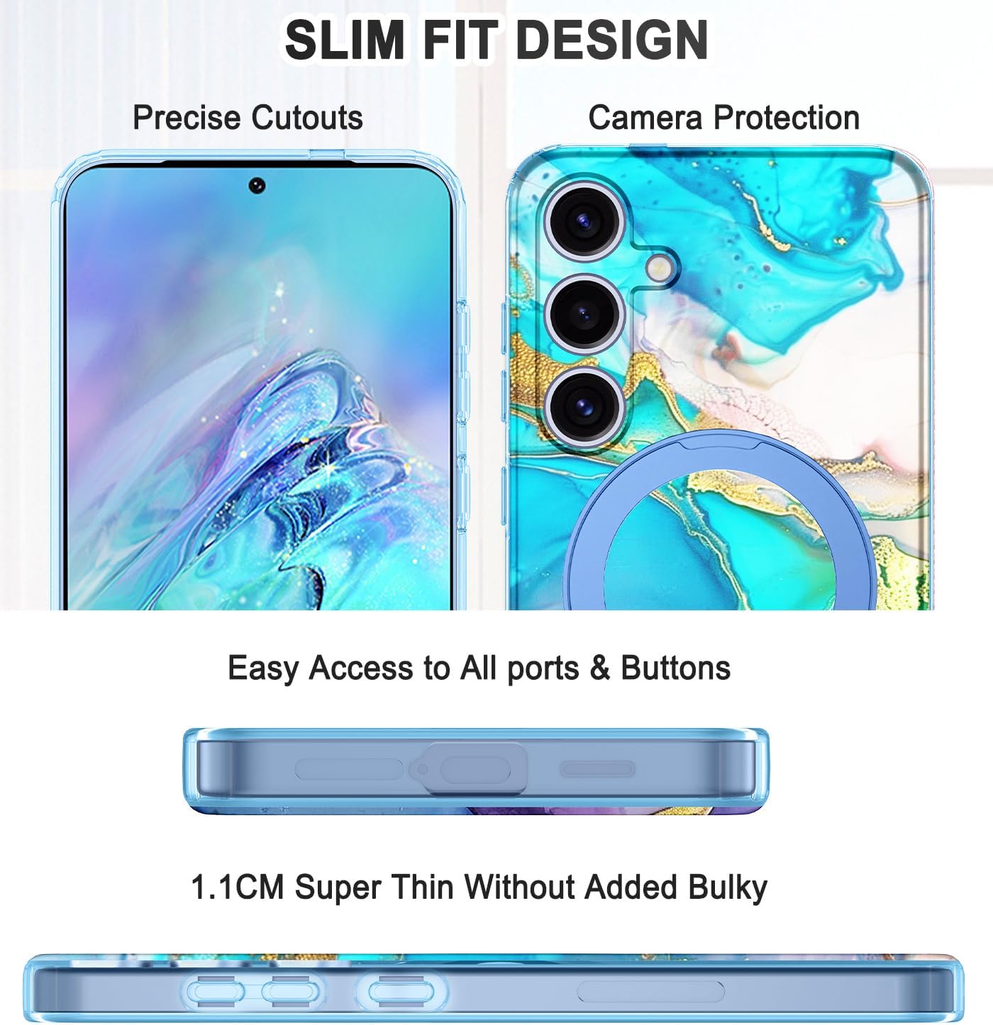 Magnetic for Samsung Galaxy S25 Case with Invisible Ring Stand [Compatible with MagSafe], Full Body Rugged Slim Women Men Girl Shockproof Marble Pattern Design Case,Light Blue