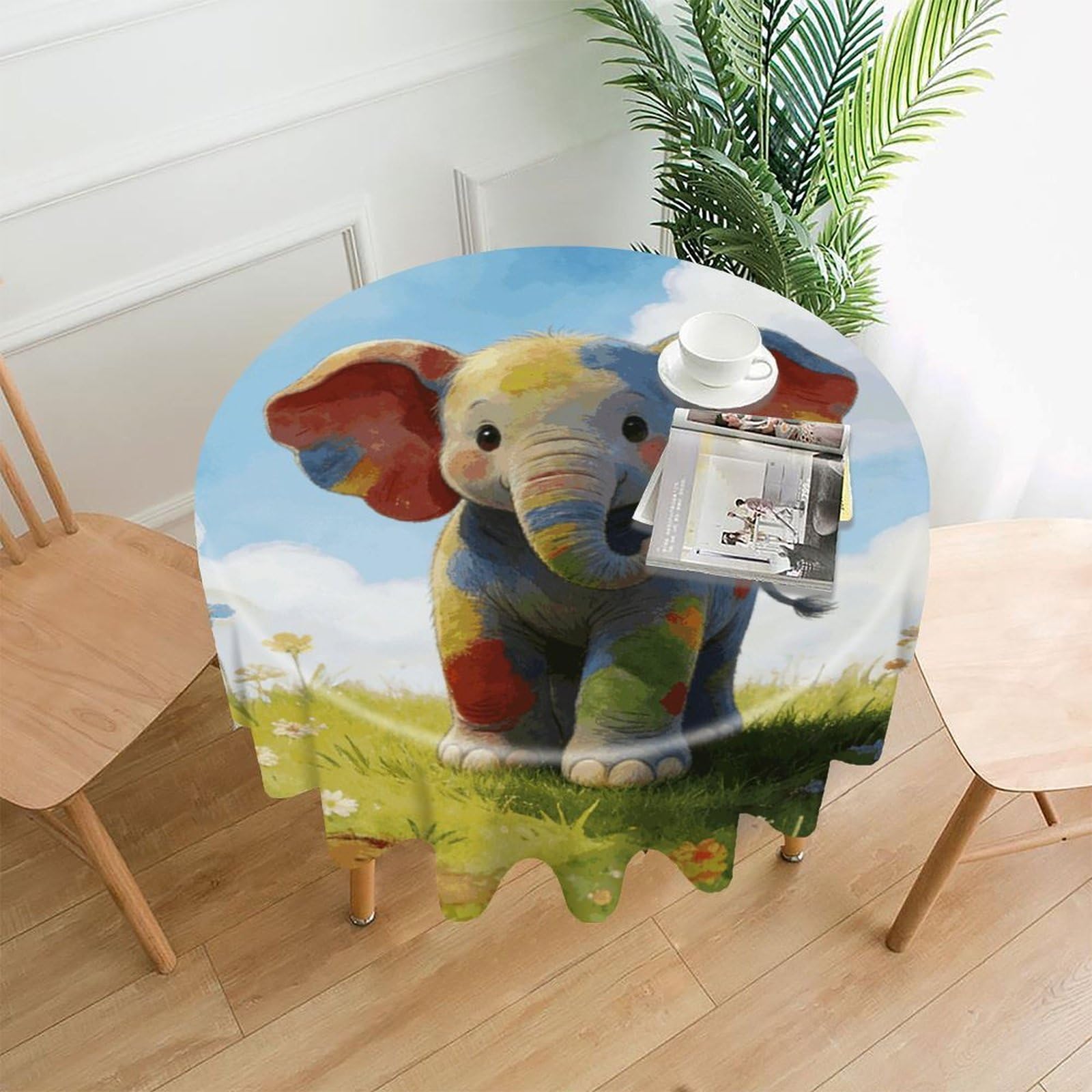 LZQPOEAS Colorful Baby Elephant Tablecloth Easy to Clean Polyester Round Table Cover Washable Round Table Cloth Wrinkle-Free Circle Decoration Tablecloth for Kitchen and Dining Room 60"
