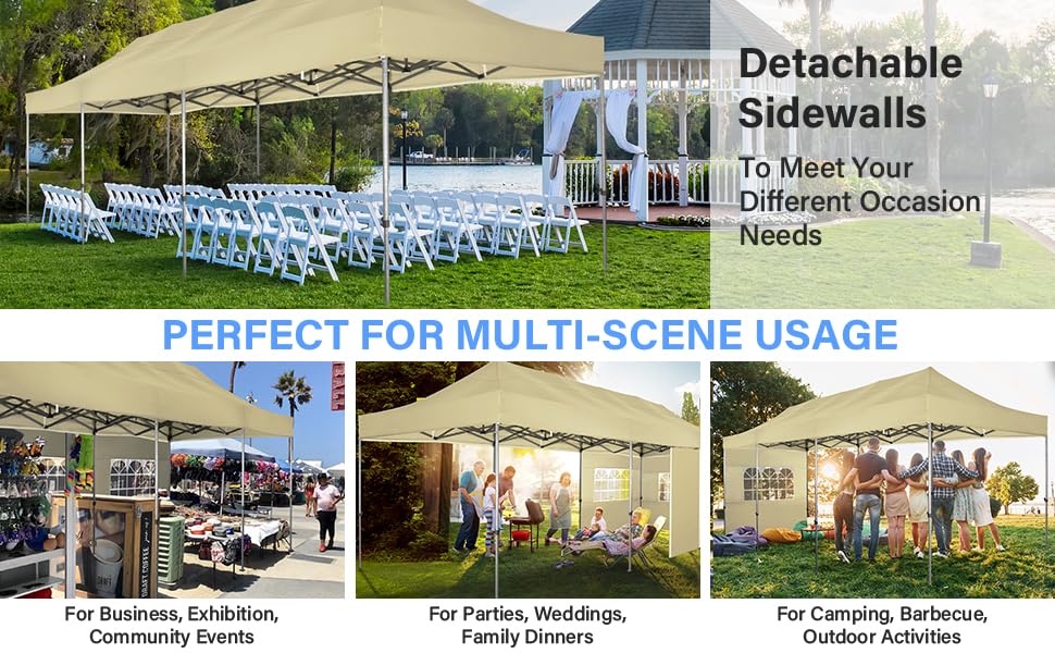 Image of COBIZI 10x30 Heavy Duty Pop Up Canopy Tent with 8 Sidewalls Thicken Frame, Commercial Easy Up Outdoor Wedding Party Tents, All Season Waterproof Windproof with Stakes Sandbags Ropes Roller Bag, Khaki