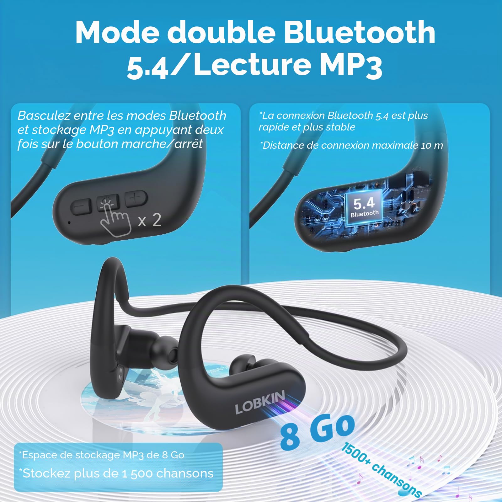 LOBKIN Écouteurs de Natation, IPX8 Étanche Écouteur Conduction Osseuse Bluetooth 5.4, Casque sans Fil Intra avec Lecteur MP3 8 Go pour Sport, Natation, Course à Pied