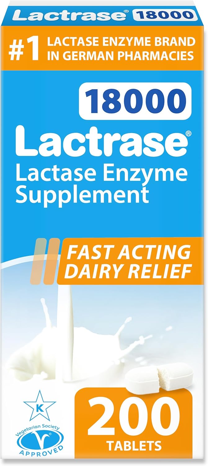 Lactrase Refill Pack – #1 Lactase Brand in German Pharmacies – Extra Strength 18,000 FCC Lactase Units – 200 Fast-Acting Pills for Lactose Intolerance – Enjoy Dairy Again