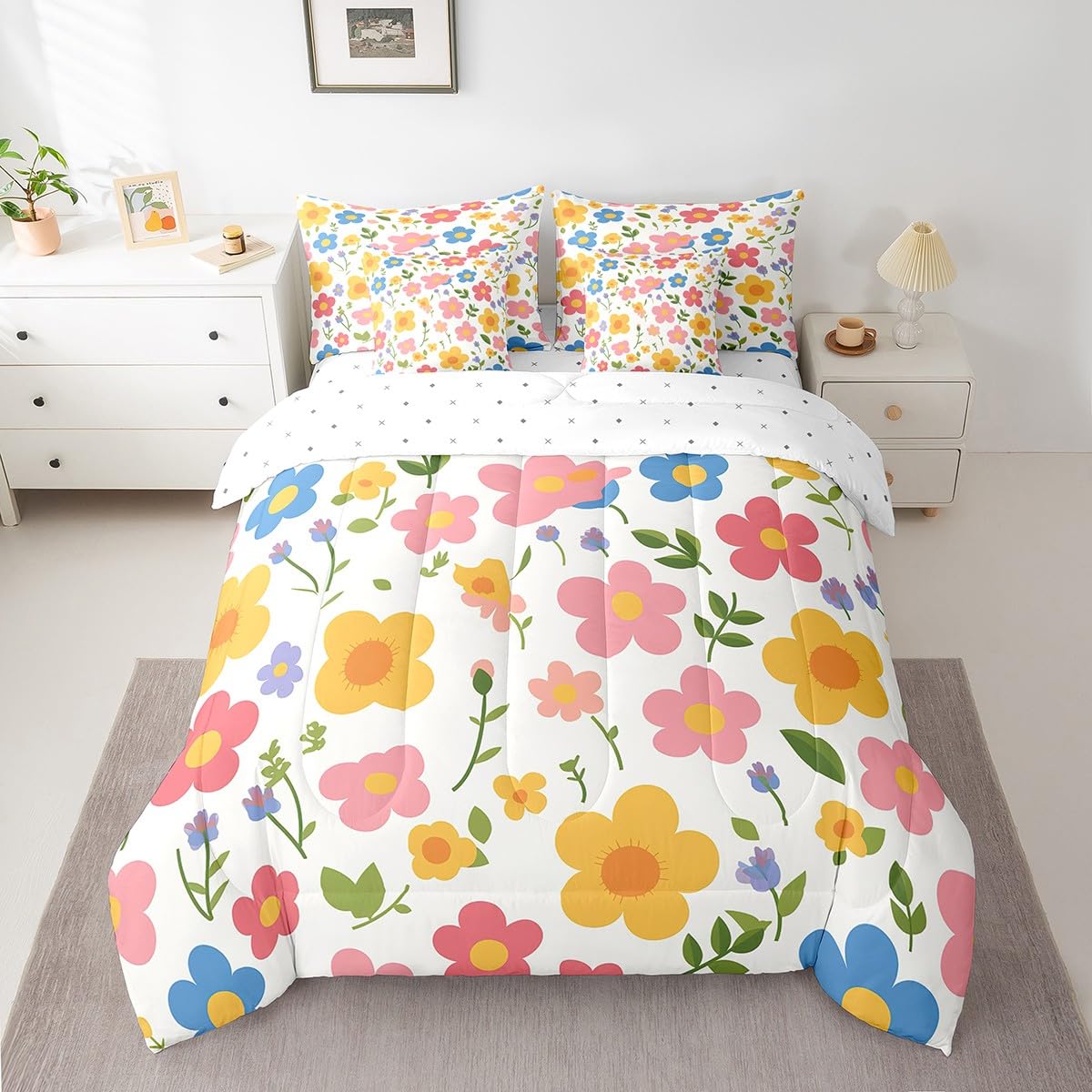 Parure de lit 7 pièces avec couette grand lit drap housse et taies d'oreiller fleurs