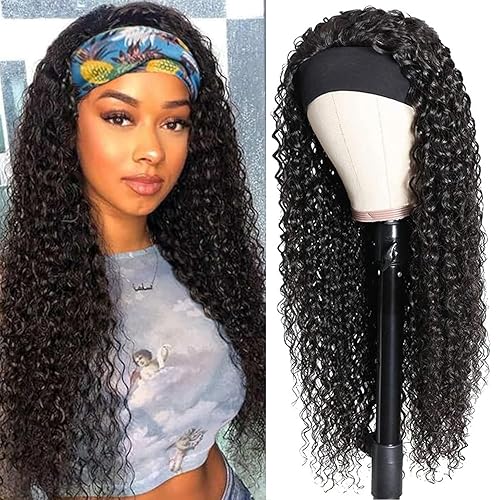 Peluca de cabello humano ondulado profundo de 20 pulgadas, peluca de cabello humano con diadema sin pegamento, pelucas rizadas sin encaje frontal