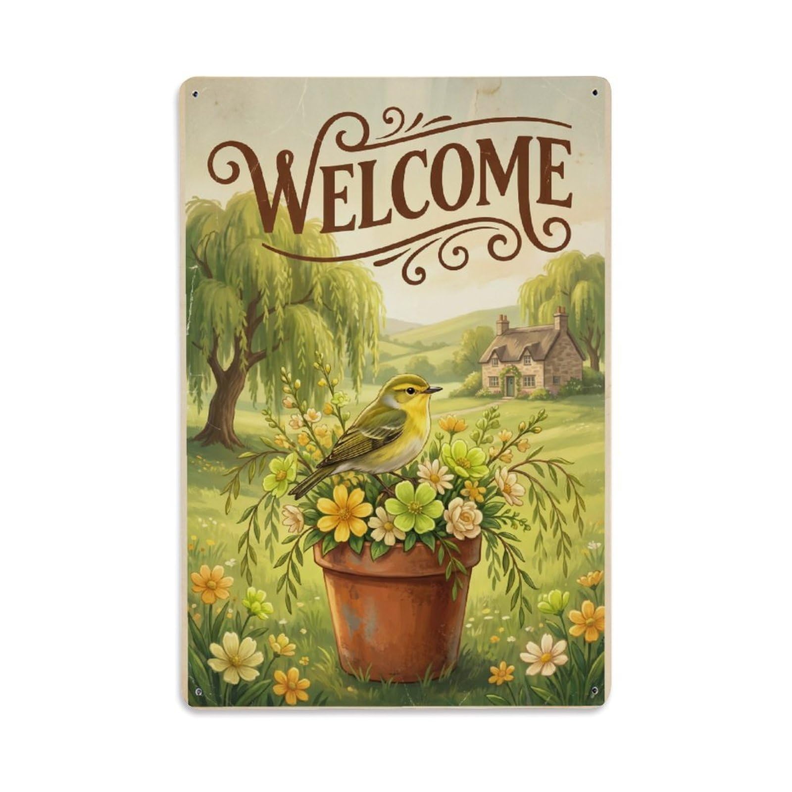 Cxhjca 8X12inch(20X30cm) Vintage Welcome Warbler Blossom Time Metal Tin Sign