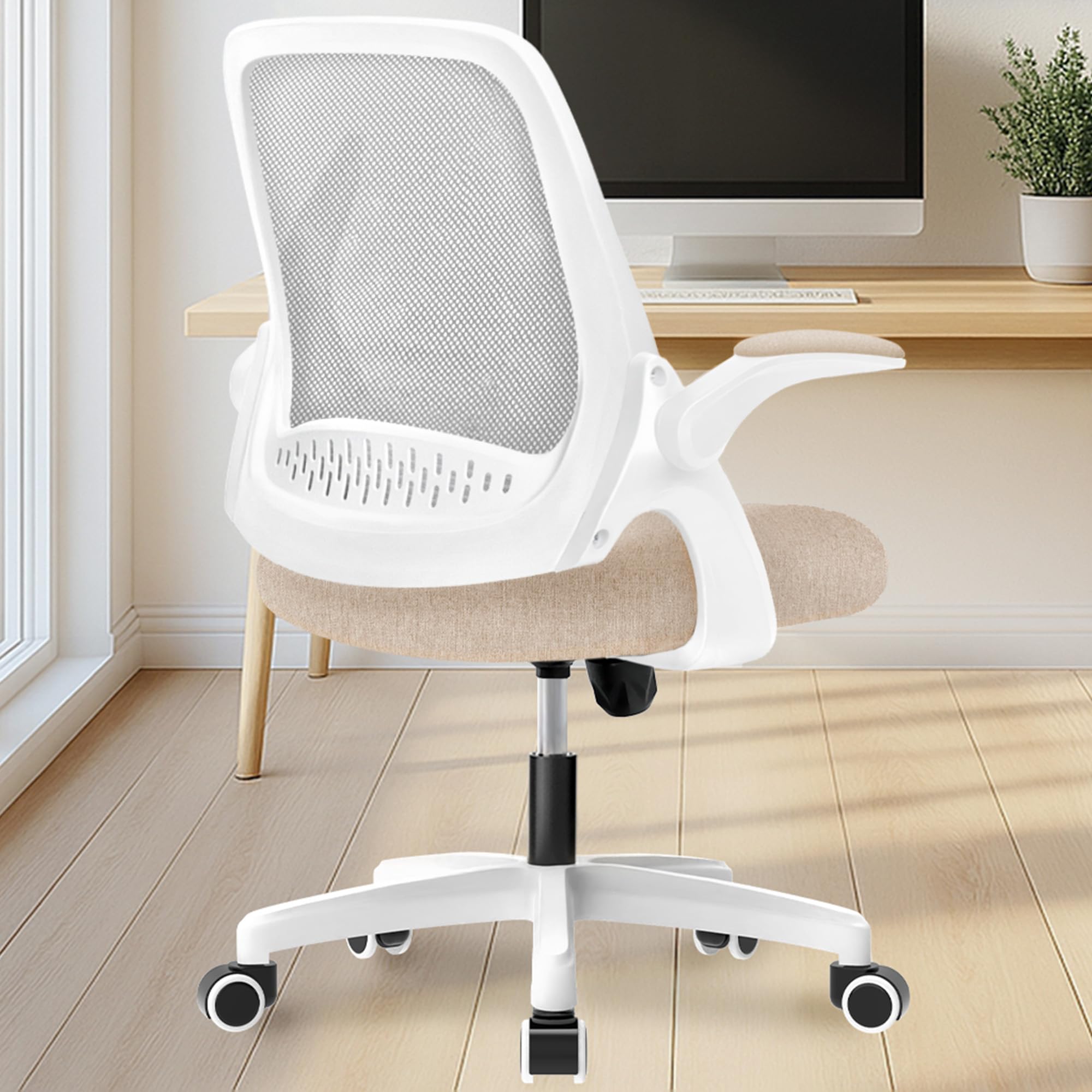 NEO CHAIR Office Desk Computer Gaming Ergonomic Chair with Lumbar Back Support Adjustable Height Swivel Wheels Flip-up Arms Mesh Chair for Home or Office (Beige)